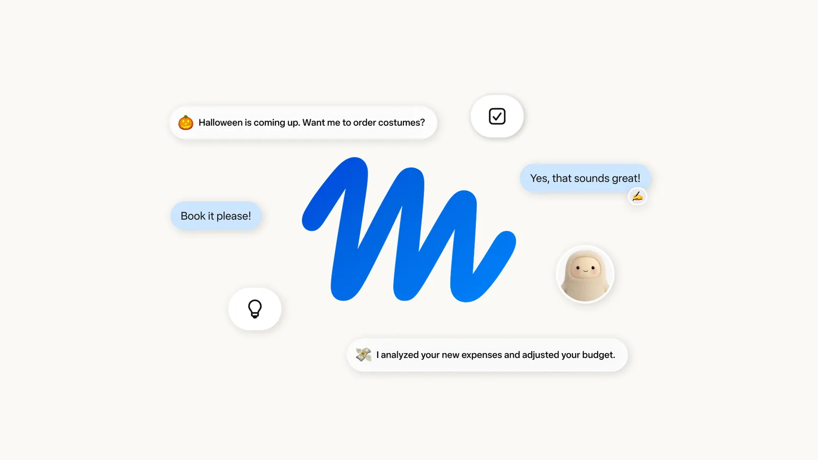 Meta's Muse launch image: the blue Muse logo surrounded by chat bubbles such as Book it please