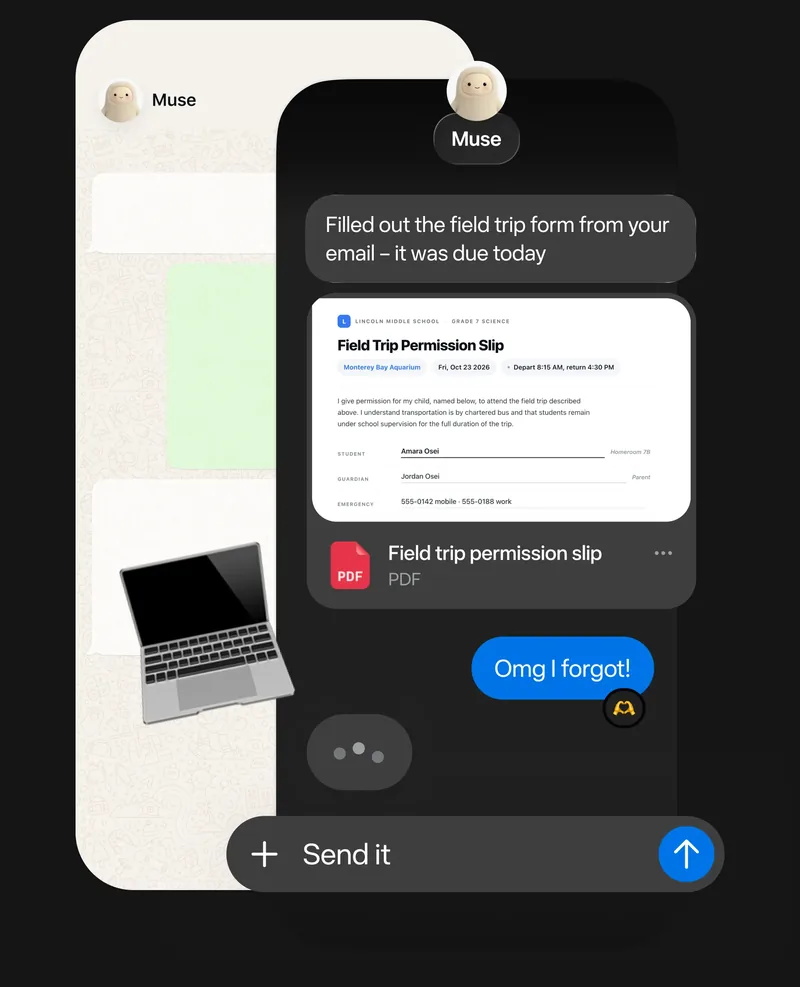 Muse chat on a phone, next to the same conversation in WhatsApp