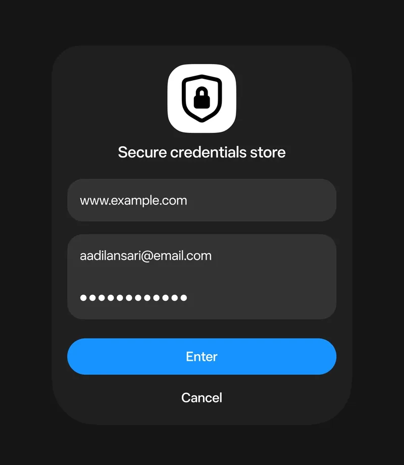 The Muse secure credentials store dialog with a site, a username and a hidden password