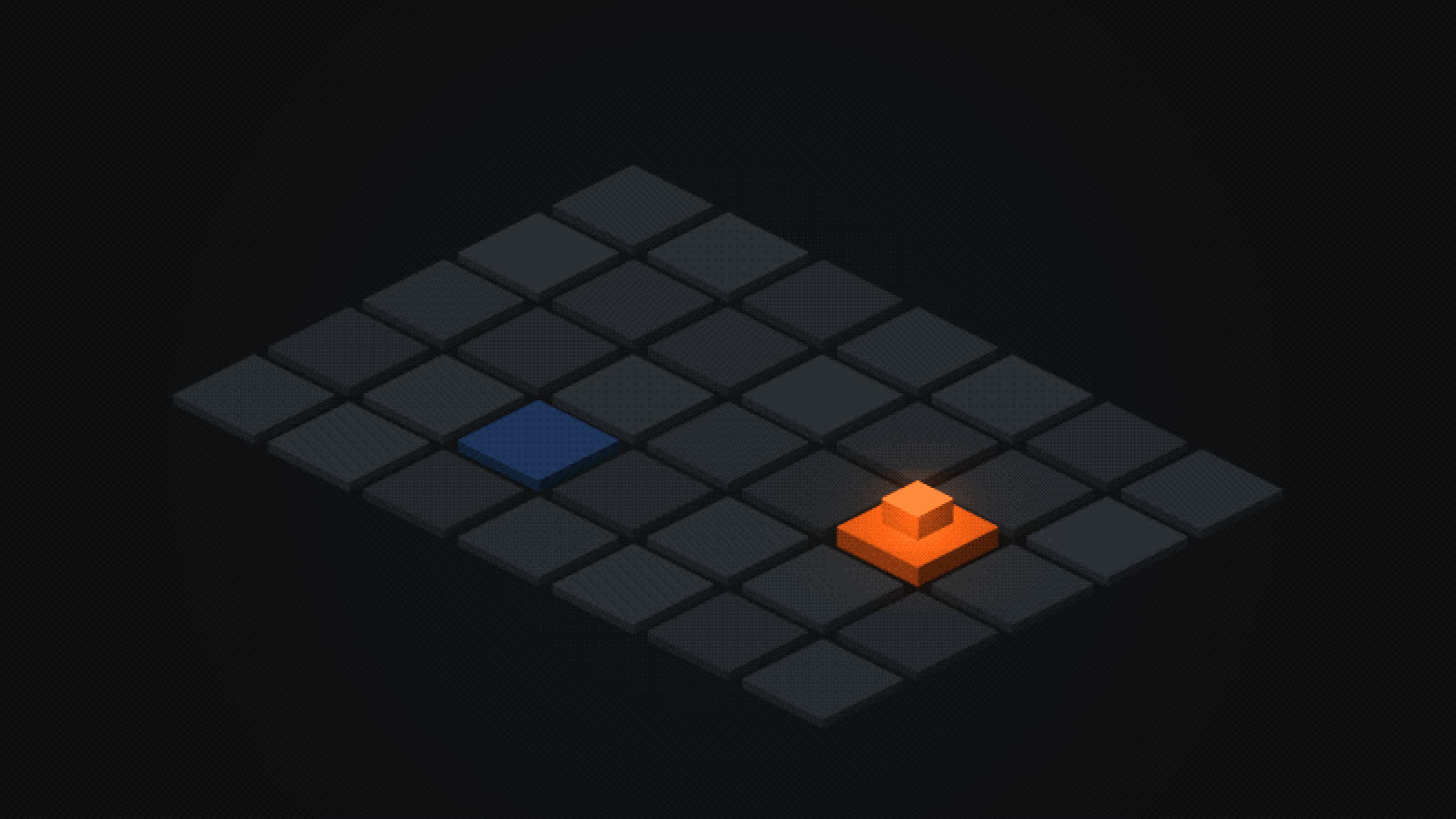 An isometric grid of day cells lighting one after another, with a small orange cube dropping onto a cell just before it lights