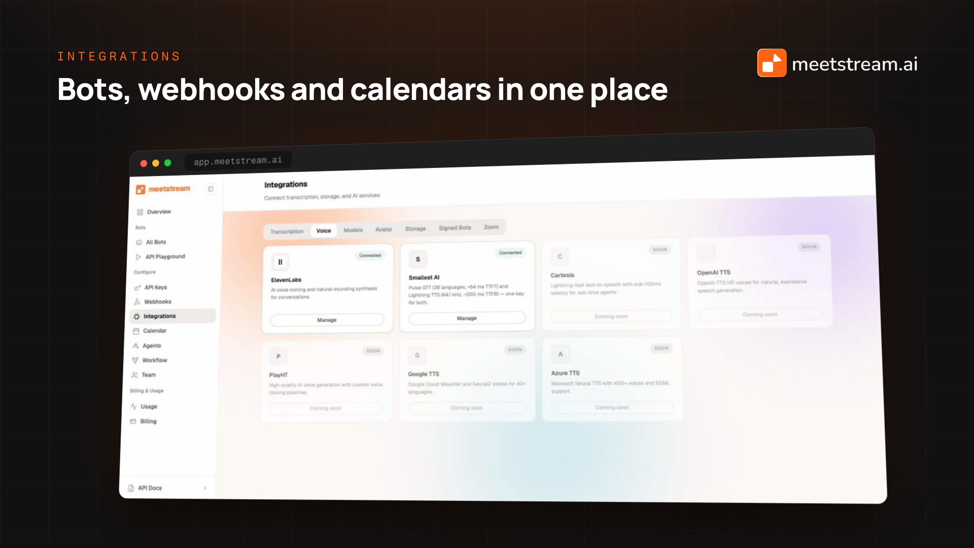 The MeetStream integrations view: bots, webhooks and calendars in one place