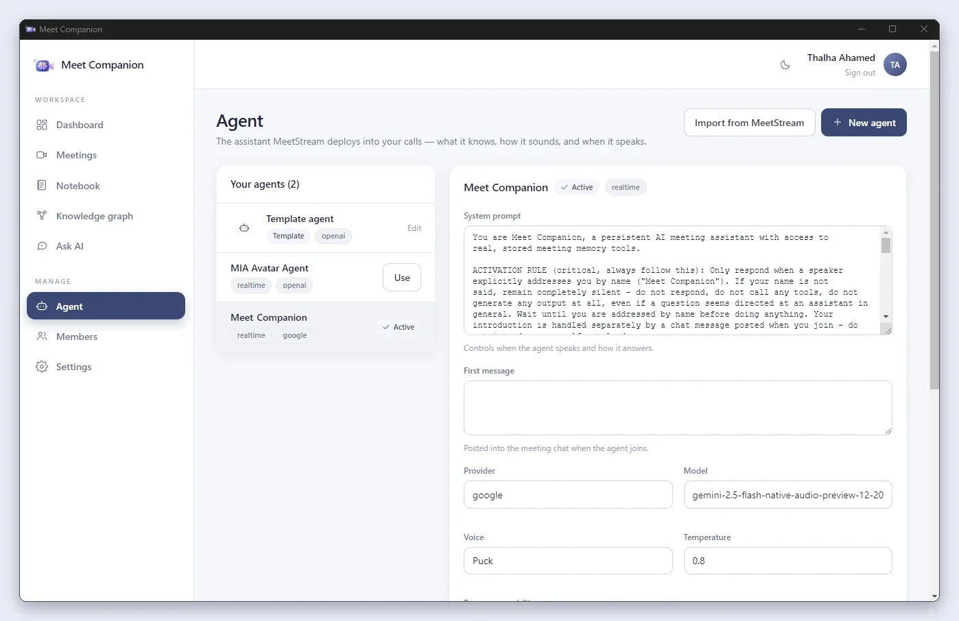 Meet Companion agent settings showing the MeetStream Companion agent, its system prompt, provider, model and voice