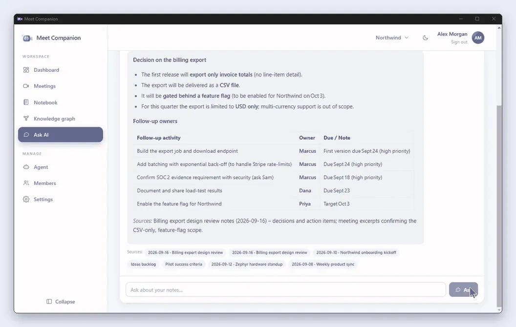 Ask AI answering a question about the billing export with a decision summary, follow-up owners table and source links