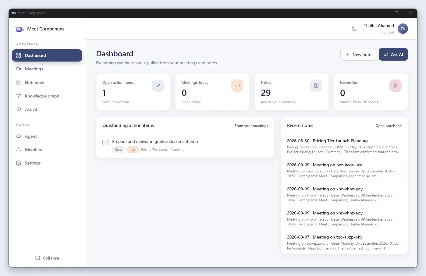Meet Companion dashboard showing open action items, meetings today, note count and recent meeting notes