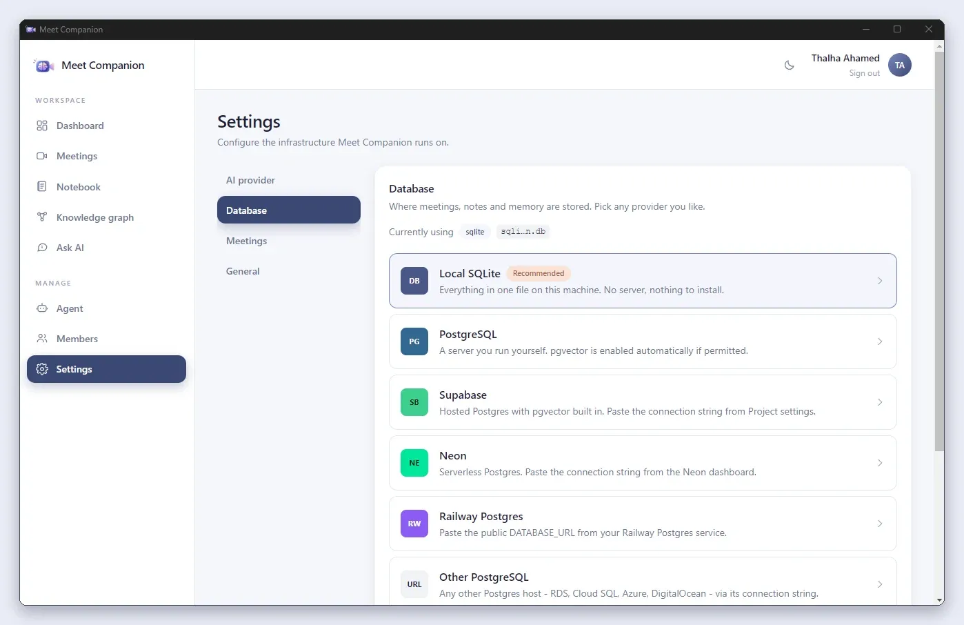 Meet Companion database settings listing local SQLite, PostgreSQL, Supabase, Neon and Railway options
