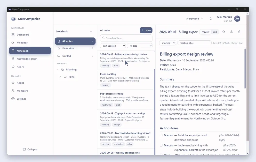 Meet Companion notebook showing a billing export meeting note with a summary and action items with checkboxes
