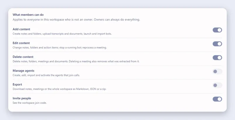 Meet Companion Members page with toggles for add, edit, delete, manage agents, export and invite permissions