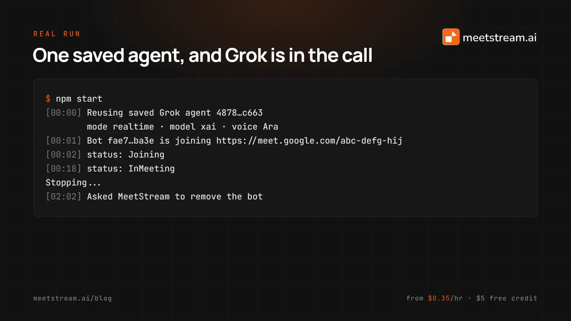 Terminal output of a real Grok meeting bot run: the saved Grok agent is reused, the bot joins a Google Meet call and reaches InMeeting at 18 seconds, then is removed
