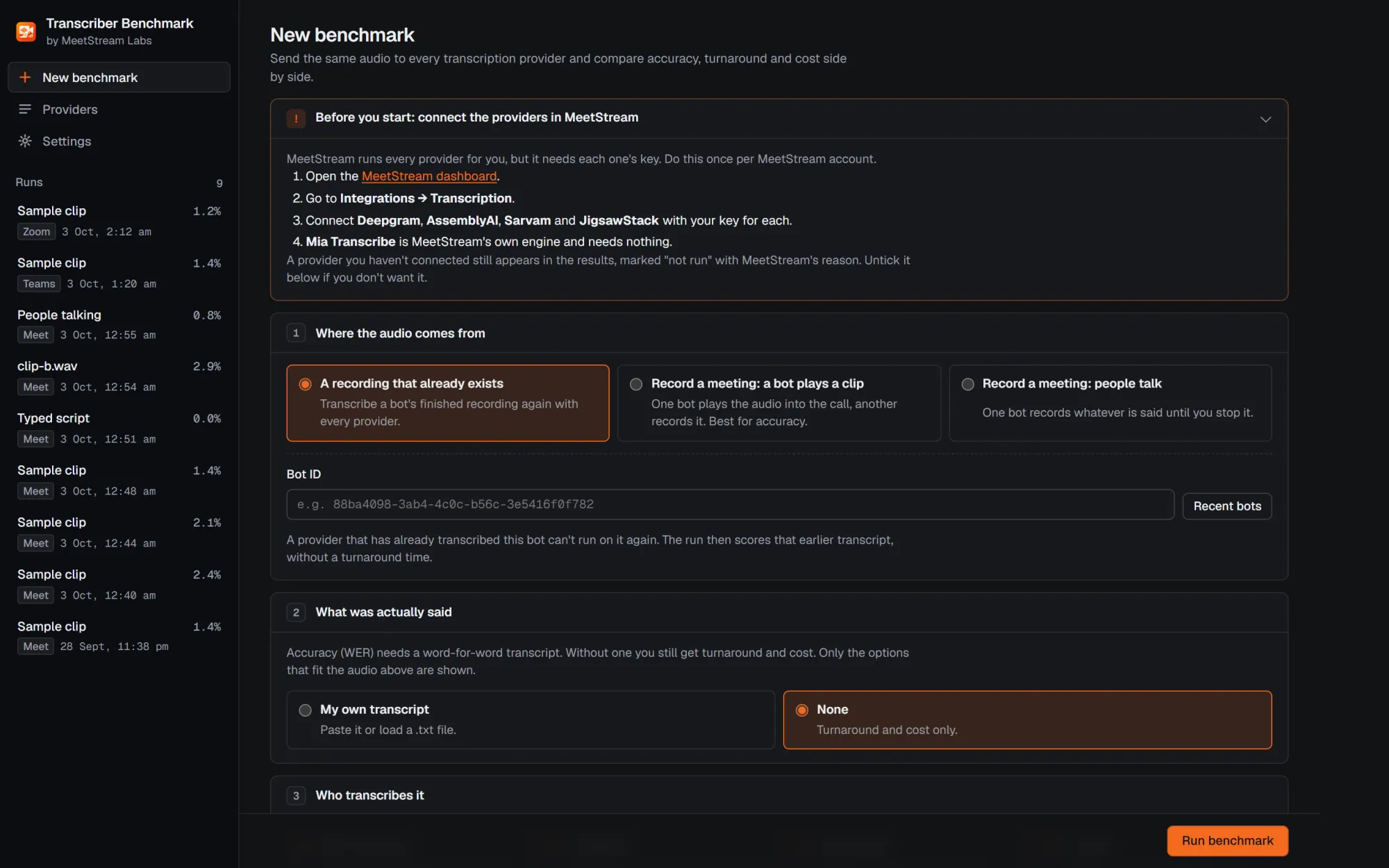 Transcriber Benchmark setup screen with audio source, reference transcript and provider choices