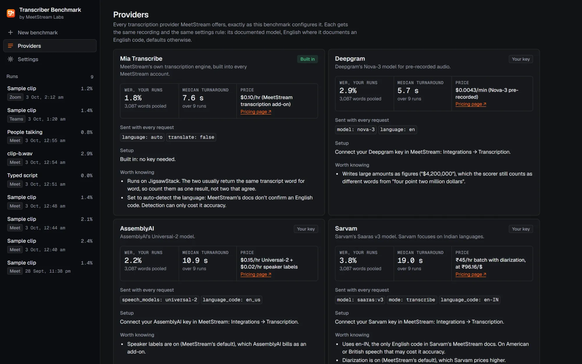 Providers page showing each transcription provider's settings, price, setup and results across runs