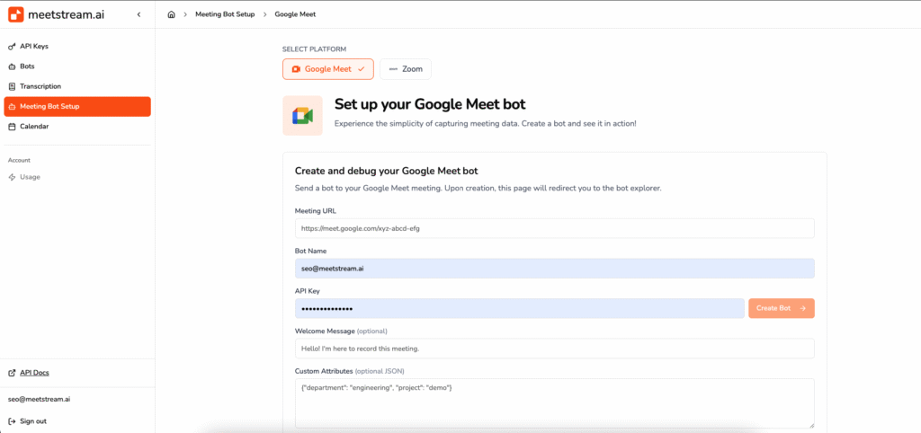 MeetStream bot API recording Google Meet automatically